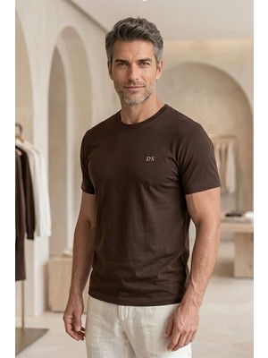 D's Damat Erkek T-Shirt, Regular Fit Bisiklet Yaka Esnek Pamuklu Günlük Kısa Kollu Tişört Koyu Kahverengi
