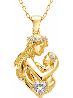 Gumush Gümüş Anne Bebek Figürlü Kalp Taşlı Gold Kolye