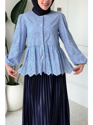 Moda Morfo Kolu Lastikli Ajurlu Düğmeli Astarlı Gömlek  -Mavi