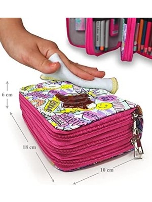 Assess Store Kalem Kutusu Wow Oops Boom Smile Desenli Kawai Organizer Kalemkutu Vegan Deri Üç Bölmeli Kalemlik