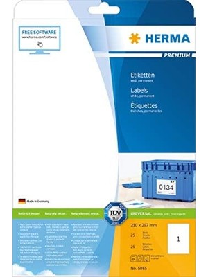 Assess Store Herma 5065 Evrensel Etiketler, 25 Yaprak, 210 x 297 Mm, 1 Adet A4 Yaprak, 25 Adet, Kendinden Yapışkanlı, Yazdırılabilir, Mat, Çıkartma, Beyaz
