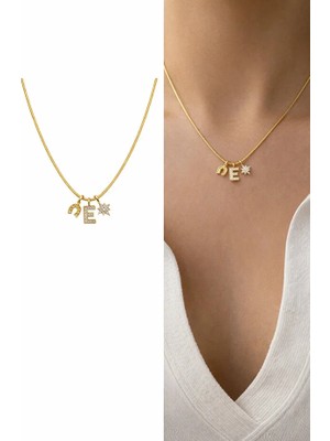Arsaley Nal Figürlü Yıldız ve Harf Charm Çelik Zincirli Gold Kadın Kolye (40 Cm)