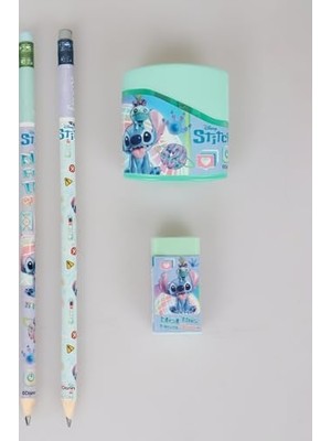 Assess Store Stitch Lisanslı 3 Adet Silgili Kurşun Kalem, Silgi ve Çift Bıçaklı Kalemtraş Kırtasiye Seti, Yeşil