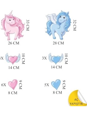 Assess Store Kanatlı Pembe ve Mavi ve Kalpler Duvar Seti - Bebek ve Çocuk Odası Dekoratif Duvar Çıkartması