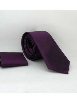 Gaffy Koyu Mor Slim Fit Düz Renk Mendilli Parlak Saten Kravat - Ss-21 Şıklık Vurgusu
