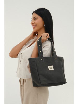 Mute Bag Gold Zımba Detaylı Dark / Siyah Mumlu Kanvas & Gold Zımba Detaylı Askısı (En:28 Boy:25)