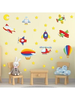 Assess Store Hava Araçları Duvar Seti - Renkli Uçaklar,, Roket ve Uçan Balon - Çocuk Odası Dekoratif Duvar Çıkartması