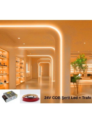 RISHANG Cob Şerit LED 24V ve Metal Trafo Kiti – 5 Metre Set - Metrede 480 LED – Yüksek Crı > 90 – Noktasız Aydınlatma