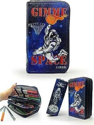 Assess Store Kalem Kutusu Astronot Basketbol Desenli Organizer Kalemkutu Vegan Deri Üç Bölmeli Kalemlik