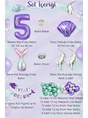 Assess Store Deniz Kızı Temalı 5 Yaş Doğum Günü Balon Süsleme Seti – Mor Lila Parti Dekorasyon Seti