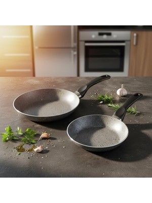 Assess Store Nirvana Eco 2'li Tava Seti - 16 cm ve 20 cm Gri Kırçıl Granit Efektli Yanmaz Yapışmaz Pratik Omlet ve Sos Tavası