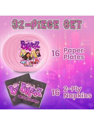Assess Store Silver Buffalo Bratz Dolls 32 Parça Mor Kağıt Peçete ve Tabak Parti Paketi Yasmin, Sasha, Jade ve Cloe