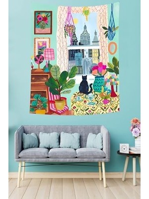 Assess Store Pelangi Penceredeki Kedi Iskandinav Stil Yaprak Leke Tutmaz Kumaş Duvar Örtüsü Duvar Halısı Tapestry PNTR041, 140 x 230