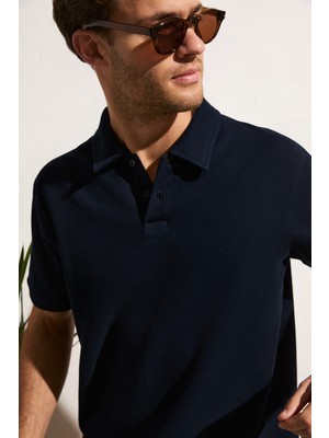Grimelange Mınnutu Erkek Organik Pamuklu Polo Yakalı Regular Fit Lacivert T-Shirt