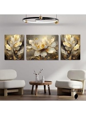 Assess Store 3lü Kanvas Şık Salon Duvar Tablosu Sarı Beyaz Çiçek Dizayn, 40 x 60