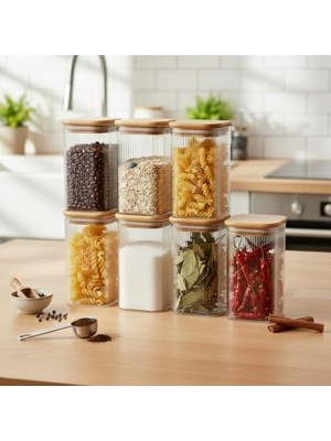 Assess Store 6'lı Set 425 ml Bambu Kapaklı Kare Cam Kavanoz - 6X12 cm Vakumlu Uzun Boy Şeffaf Erzak Kabı Kahve Çay Baharatlık ve Mutfak Düzenleyici Organizer Saklama Kutusu
