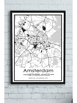 Assess Store (PSTER14371) Hollanda Amsterdam Harita Dekoratif Tasarım Çerçeveli Tablo 21 x 30