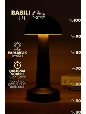 Assess Store Şarjlı Mantar Masa Lambası Metal Dokunmatik 3 Işık Parlaklık Ayarlı Gece Masa Üstü Lamba (Siyah A4)