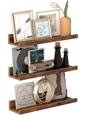 Assess Store Duvar Rafları, 3'lü Set, Yüzer Raflar, Uzunluk 38 Cm, Dekoratif Öğeler, Baharat Kavanozları ve Resim Çerçeveleri Için Yükseltilmiş Ön Kenar, Eski Kahverengi LWS037X01