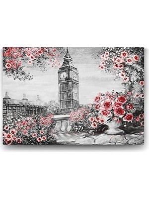Assess Store Saat Kulesi ve Kırmızı Çiçekler Tablosu - 60X40CM