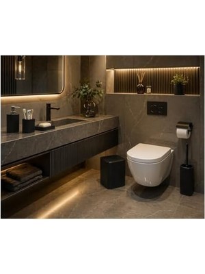 Assess Store 5 Parçalı Banyo Seti, Mat Siyah, Modern Tasarım, Çöp Kovası, Tuvalet Fırçası, Sıvı Sabunluk, Diş Fırçalık, Sabunluk
