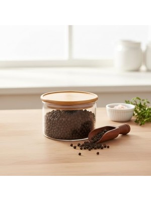 Assess Store Bambu Kapaklı Borosilikat Cam Saklama Kabı - 200 ml Vakumlu Küçük Boy Baharatlık ve Erzak Kavanozu