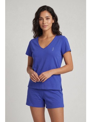 Jaya Pamuklu V Yaka Kısa Şortlu Pijama Takımı / Saks Mavisi