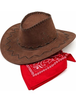 AyrStore Buğz Çocuk Kovboy Şapka Kahverengi Kırmızı Bandana Seti