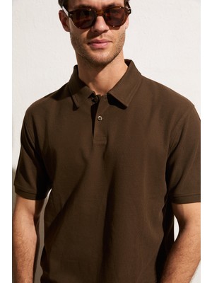 Grimelange Mınnutu Erkek Organik Pamuklu Polo Yakalı Regular Fit Kahverengi T-Shirt