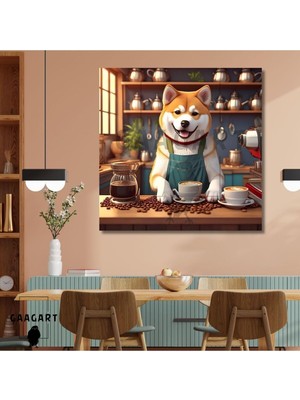 Assess Store Kare Kanvas Kahve Köşesi Cafe Tablosu Barista Akita Köpek, 50 x 50