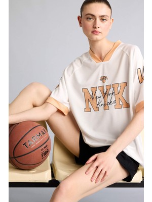 DeFacto NBA New York Knicks Oversize Mesh Forma Kumaş Kısa Kollu Tişört G9461AX26SM
