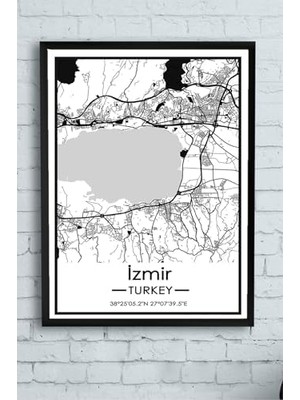 Assess Store (PSTER14401) Siyah Izmir Harita Dekoratif Tasarım Çerçeveli Tablo 21 x 30