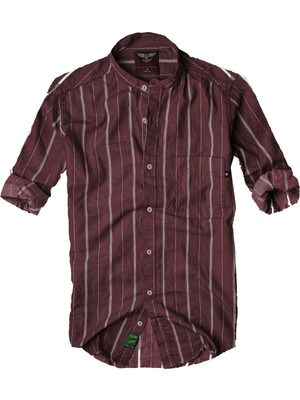 Alaska The Last Frontier Slim Fit %100 Pamuk Kumaş Hakim Yaka Uzun Kol Gömlek--bordo Çizgili--