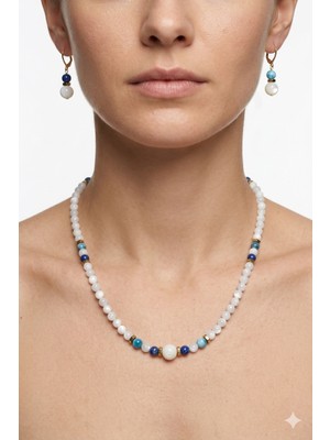 Woona Sedef Taşı & Apatit Taşı & Lapis Lazuli Taşı Premium Aa Kalite Doğal Taş El Yapımı Kolye Küpe Set