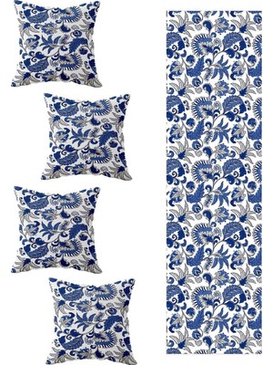 Assess Store Pelangi Mükemmel Desen Salon Mutfak Masa Değişik Ranır Modelleri Dekoratif 4'lü Kırlent Kılıfı ve Runner Set, Mavi 40 x 140