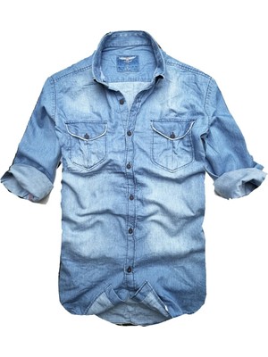 Gulf Bird Slim Fit Saf Pamuk Denim Kumaş Kot Gömlek--çiftcep Mavi--