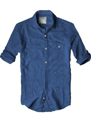 Gulf Bird Slim Fit Italyan Kesim Gerçek Keten Gömlek-- Mavisax--