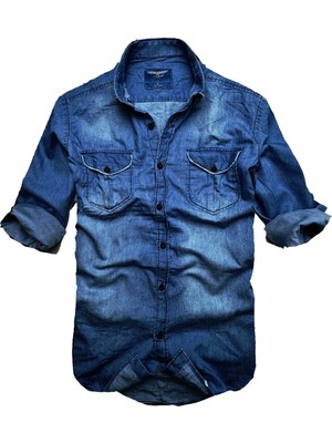 Gulf Bird Slim Fit Saf Pamuk Denim Kumaş Kot Gömlek- -koyu Mavi--