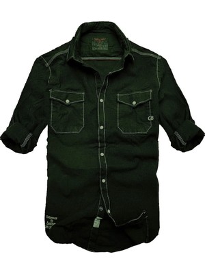 Gulf Bird Slim Fit Likralı Esnek Kumaş Çift Cep Kot Gömlek--haki Siyah--