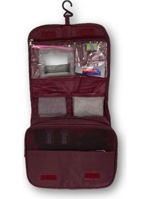 Assess Store Su Geçirmez Organizer Askılı Seyahat Kozmetik Makyaj Çantası Bordo Düz