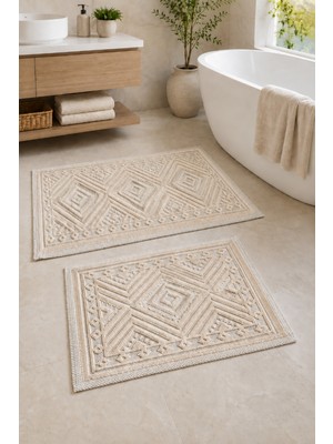 Hig Store Iskandinav Dokuma Pamuklu Bukle Kaymaz Taban Yıkanabilir Banyo Paspas Seti 40*60/50*80 cm 2 Adet