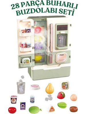Assess Store Giffy/oyuncak Buhar Efektli Buzdolabı 28 Parça Aksesuarlı Sesli Müzikli LED Işıklı Pilli Eğitici Gerçekçi
