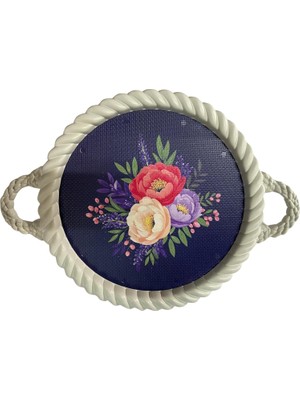Assess Store Lüks Dekoratif Plastik Tepsi Bukleli Çerçeve 35 x 35 Çiçek Buketi Desenli