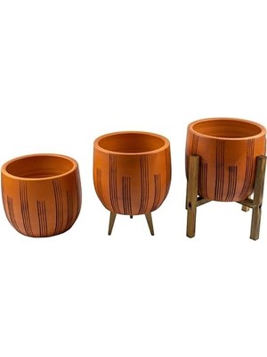 Daisy Home Ev Dekorasyon Aksesuar Dik Çizgi Desenli Toprak Saksı Saksılık Salon Çiçeklik Üçlü Set - 19 cm