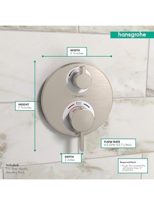 Daisy Home Ecostat S Modern Minimalist Hacim ve Otomatik Sıcaklık Kontrolü 2 Saplı 15,24 cm Genişliğinde Termostatik Duş Pervazı, Fırçalanmış Nikel Yönlendiricili Kaba Valf Için, 15758821
