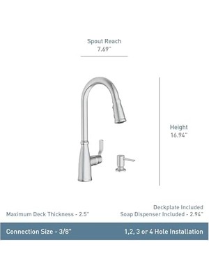 Daisy Home Moen Nolia Tek Kolu Pull- Püskürtücü Mutfak Bataryası Refleks ve Powerboost Spot Dirençli Paslanmaz (87071SRS)