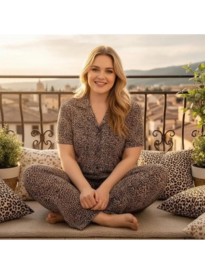 NiCe İç Giyim Büyük Beden Leopar Desen Gömlek Yaka Düğmeli Milan Baharlık Kumaş Kadın Pijama Takım