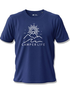 North Whiskers Camper Life Dağ ve Güneş Baskılı Unisex %100 Pamuklu Lacivert Outdoor Tişört