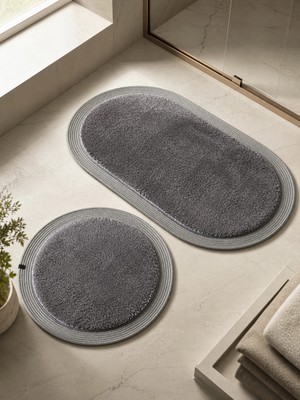 Melena Carpet Premium Kaymaz Taban Peluş Banyo Paspası Seti Jüt Kenar Detaylı 2’li Oval Yuvarlak 100X60 60X60