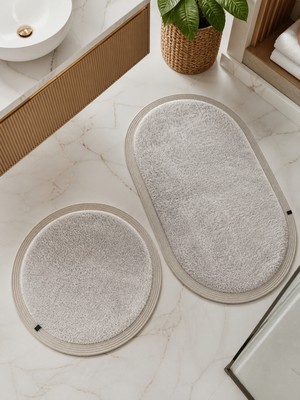 Melena Carpet Premium Kaymaz Taban Peluş Banyo Paspası Seti Jüt Kenar Detaylı 2’li Oval Yuvarlak 100X60 60X60